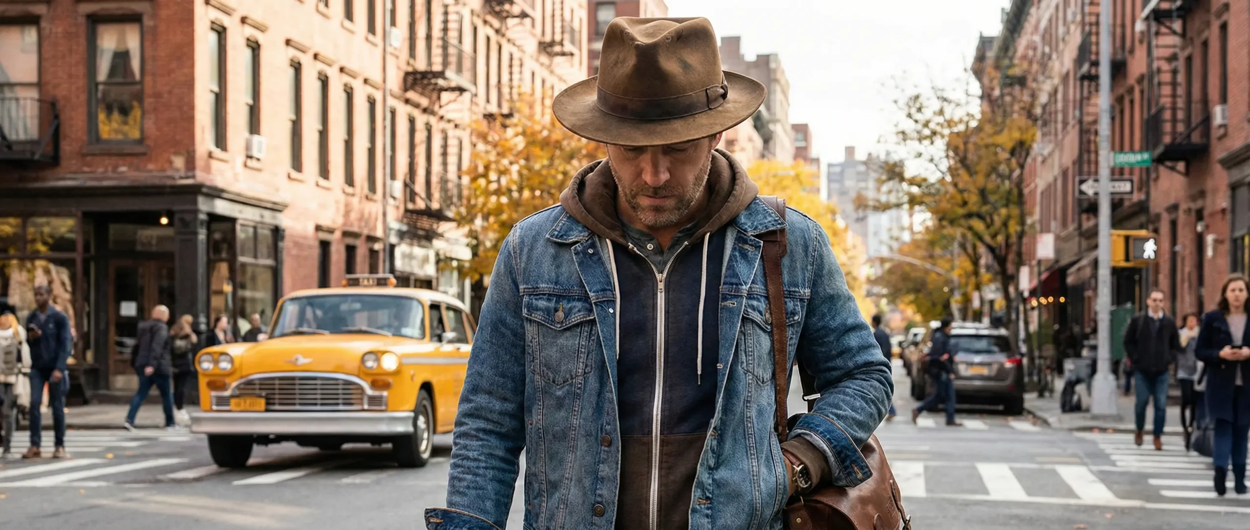 guy wearing a fedora and jeans walking in the streets