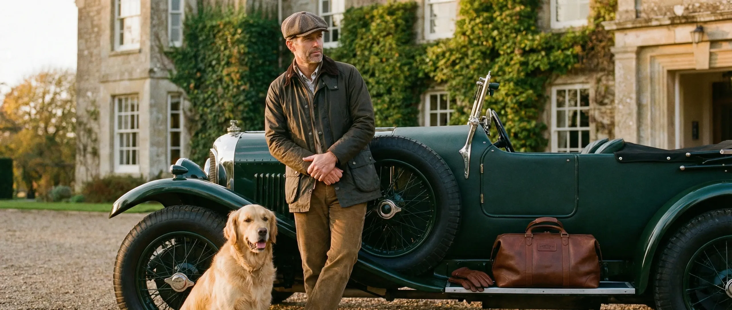 lifestyle photo of a man wearing a flatcap of city sport in from of a country manor, he is standing in front of a vintage car next to his dog.