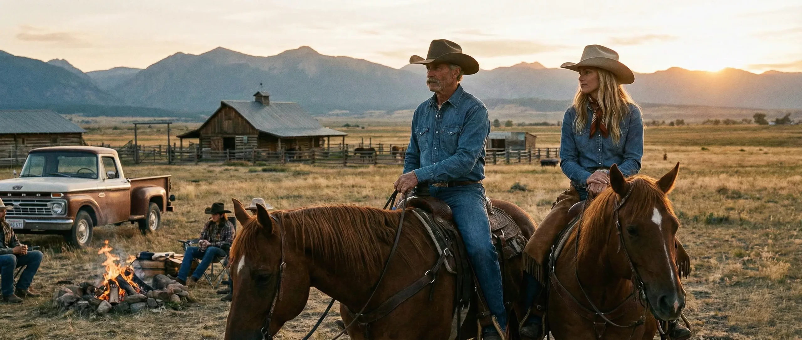 Two people with cowboy hats starring into the horizon