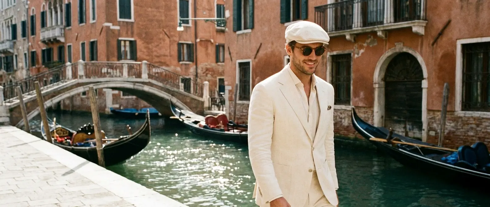 handsome man wearing a suit, glasses and a flatcap