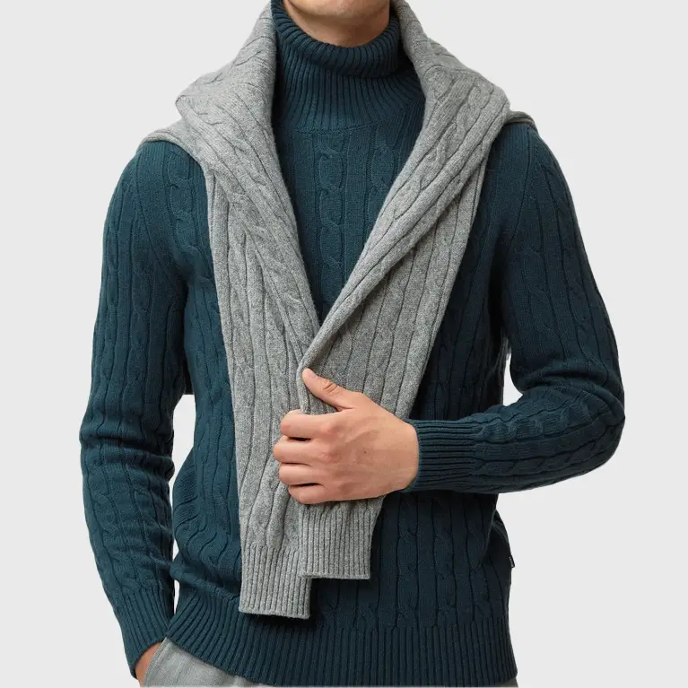 Pull à col roulé gris et vert émeraude
