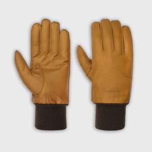 "Gants homme Stetson en cuir lisse jaune ocre, poignet tricoté brun foncé et logo en relief."
