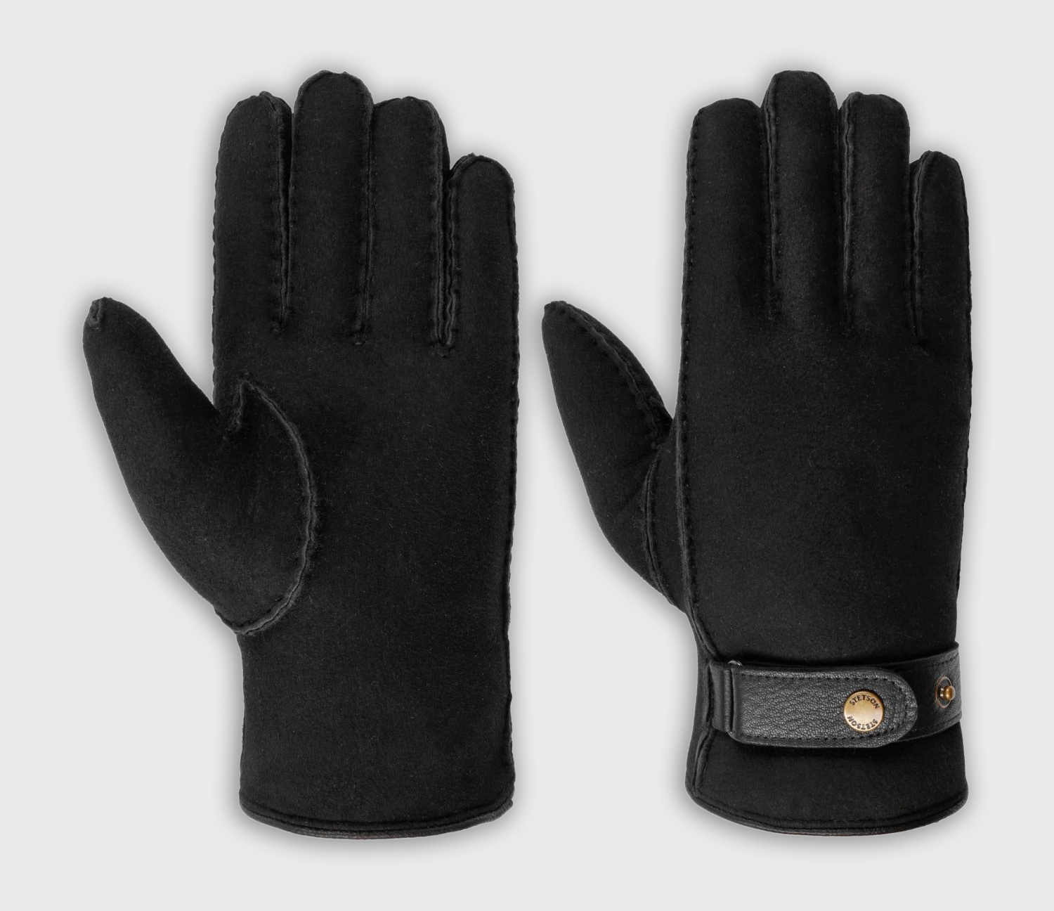"Gants Stetson en cuir de mouton noir, finition daim et bride de poignet ajustable à bouton-pression, pour l'hiver."