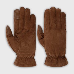 "Gants en daim brun moka Stetson, poignet élastique et détails en cuir sur l'index et le pouce."