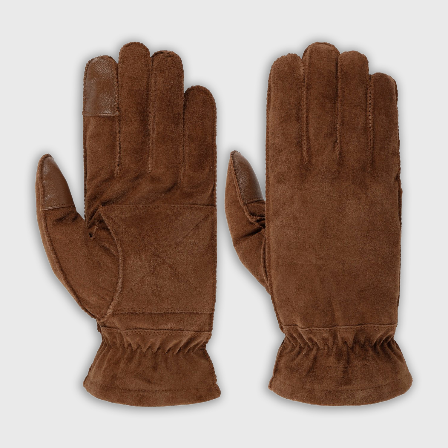 "Mokka bruine suède handschoenen van Stetson met elastische pols en lederen details op wijsvinger en duim."