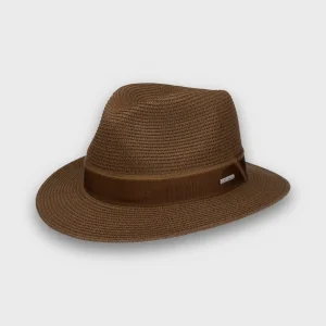 Chapeau de paille brun à ruban brun et large bord.