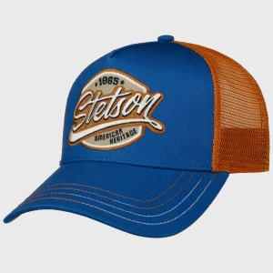 Casquette trucker à corps et visière bleu fluo et filet orange vif, de la marque Stetson.