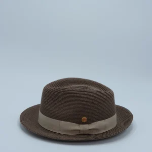Zomer trilby van het merk Mayser. Kleur is bruin met als hoofdband champagnekleur. Thumbnail.