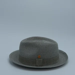 grijze zomerhoed, trilby model, gemaakt uit raffia, gemaakt door het merk Mayser. thumbnail