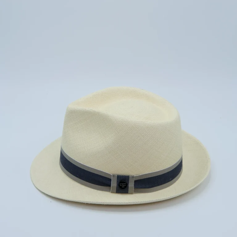 Panama Hoed, Trilby Model van het merk City Sport, met een navy multikleur blauwe band