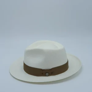 Witte Panama hoed, Fedora model, met een mokka kleurige band