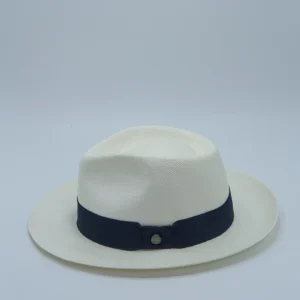 Chapeau panama blanc, forme fedora, à ruban marine, vignette