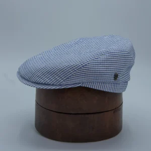 Flat cap with a blue stripe pattern in seersucker, by City Sport, thumbnail.