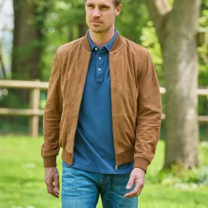 Blouson bomber en suède de chèvre, coloris cognac, de la marque Wellington.