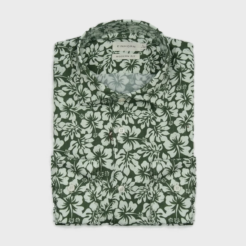Green viscose shirt with a palm pattern, for men, by Einhorn.
