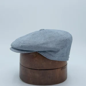 Casquette newspaper boy en mélange lin-coton, bleu clair à chevrons, de la marque Portaluri, vignette