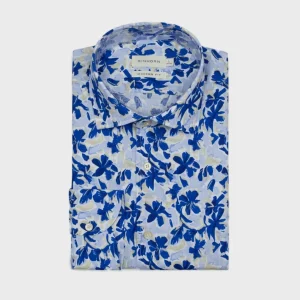 Chemise d'été pour homme à motif palmier, blanc et bleu, de la marque Einhorn.