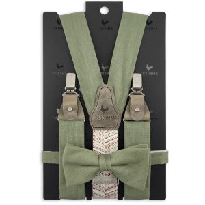 Pack combiné de bretelles et nœud papillon en couleur vert cendré pastel miniature