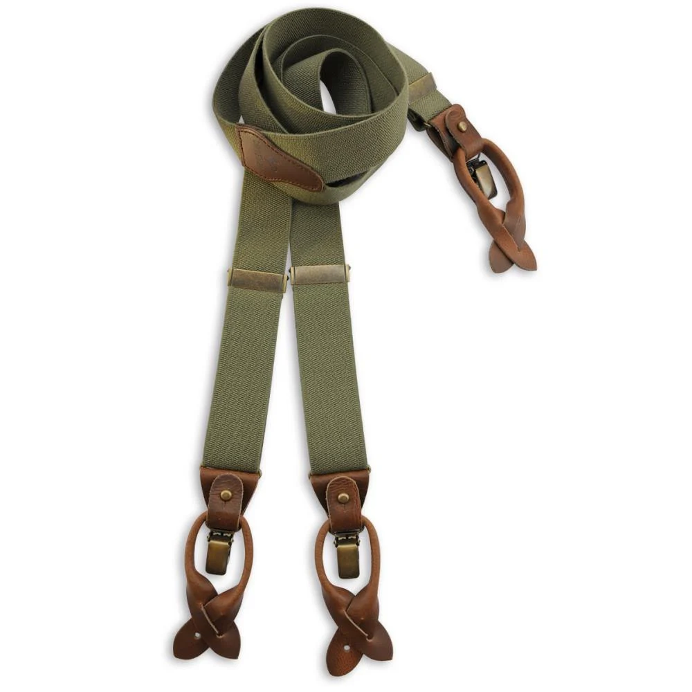 Army green braces by Sir Redman with brown leather straps and accents, gallery photo 1.