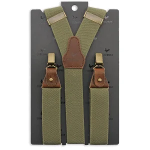 Bretelles vert armée Sir Redman avec straps et accents en cuir brun.