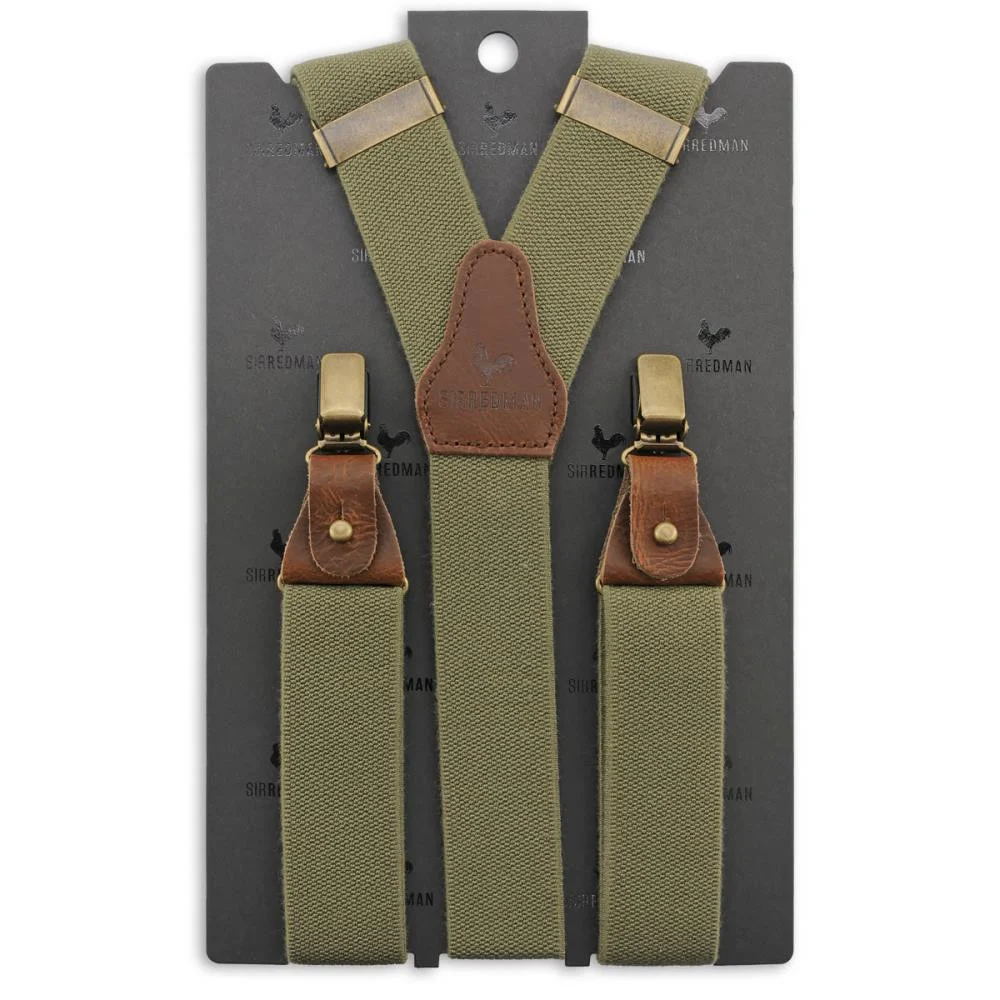 Army green braces by Sir Redman with brown leather straps and accents.