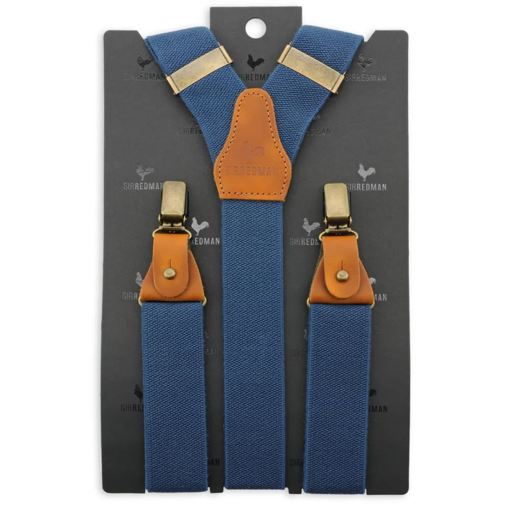 Blue braces by Sir Redman with brown leather straps and accents.