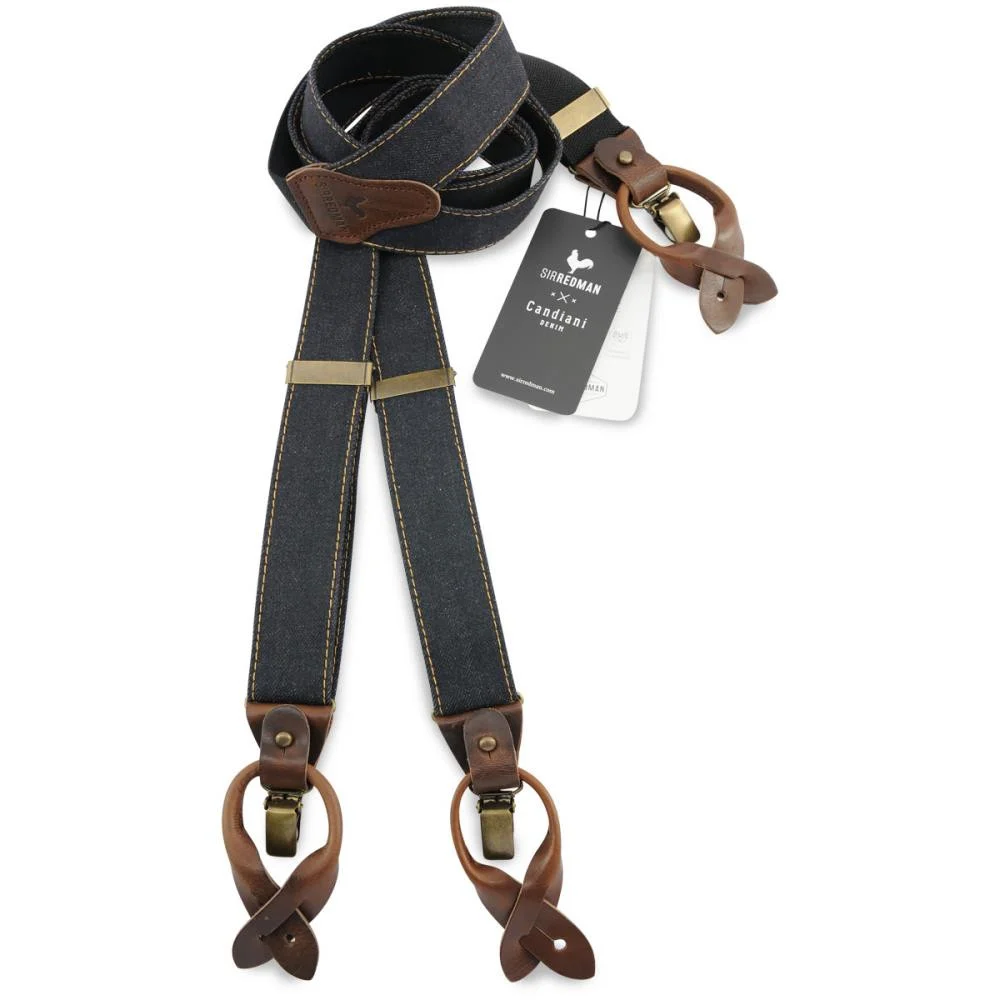 Bretellen in denim straps , leder loops en metalen klips galerij foto 1