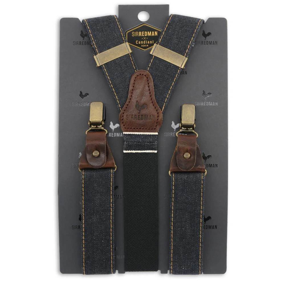 Suspenders in denim straps, leather loops and metal clips thumbnail
