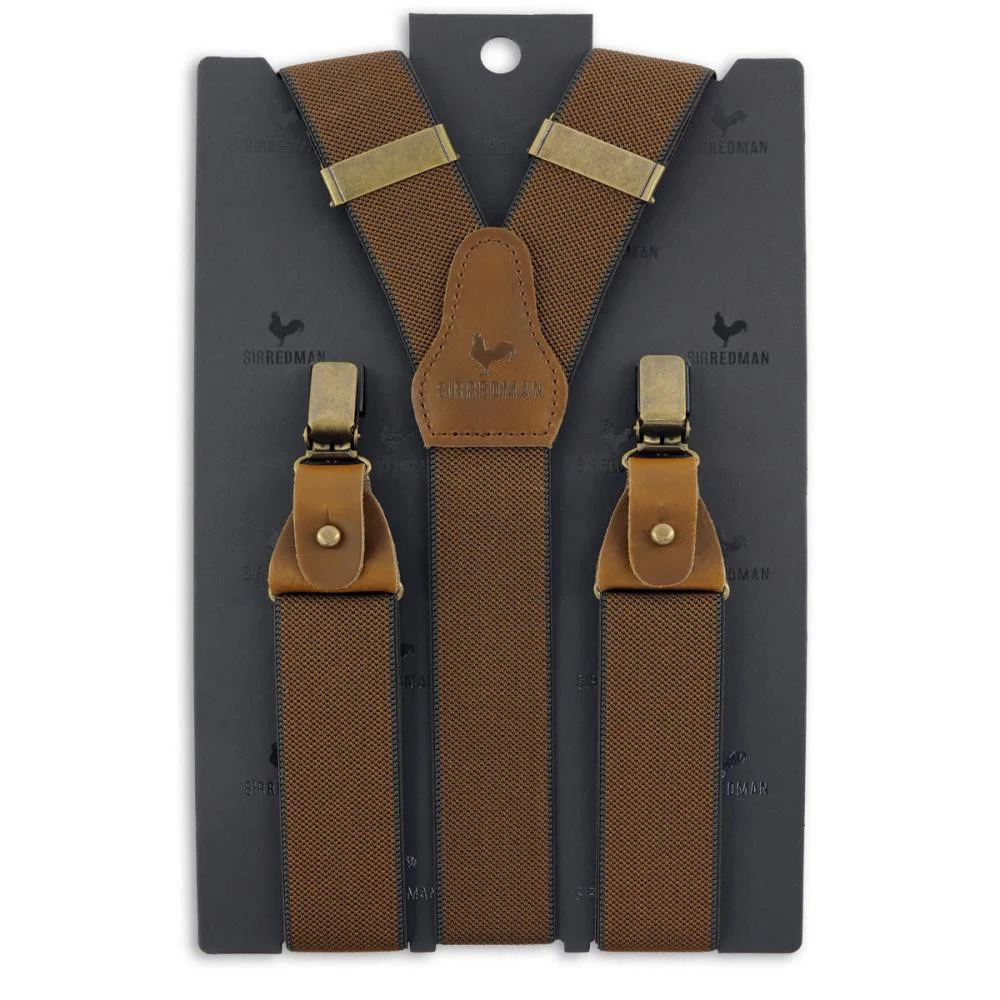 Bretelles à ruban bicolore brun et noir, passants en cuir et clips métalliques, vignette