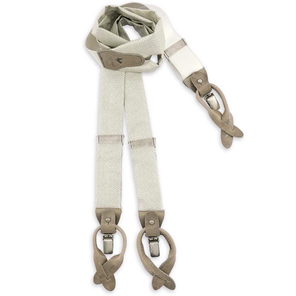 White and gray braces with premium leather fittings and clips, the front made from polyester rather than elastane, gallery photo 1