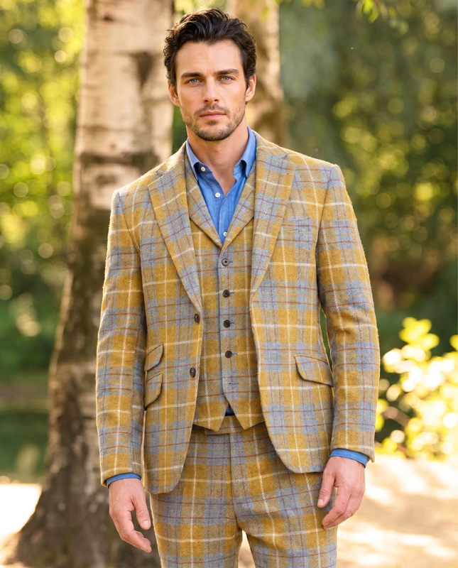 Wellington of Bilmore herringbone blazer amber ruit geposeerd met model voorkant
