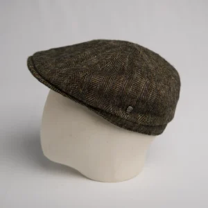 Flatcap 6 panneaux City Sport à motif chevrons, en brun, anthracite et subtiles nuances rouille et vertes, en laine Shetland, thumbnail.